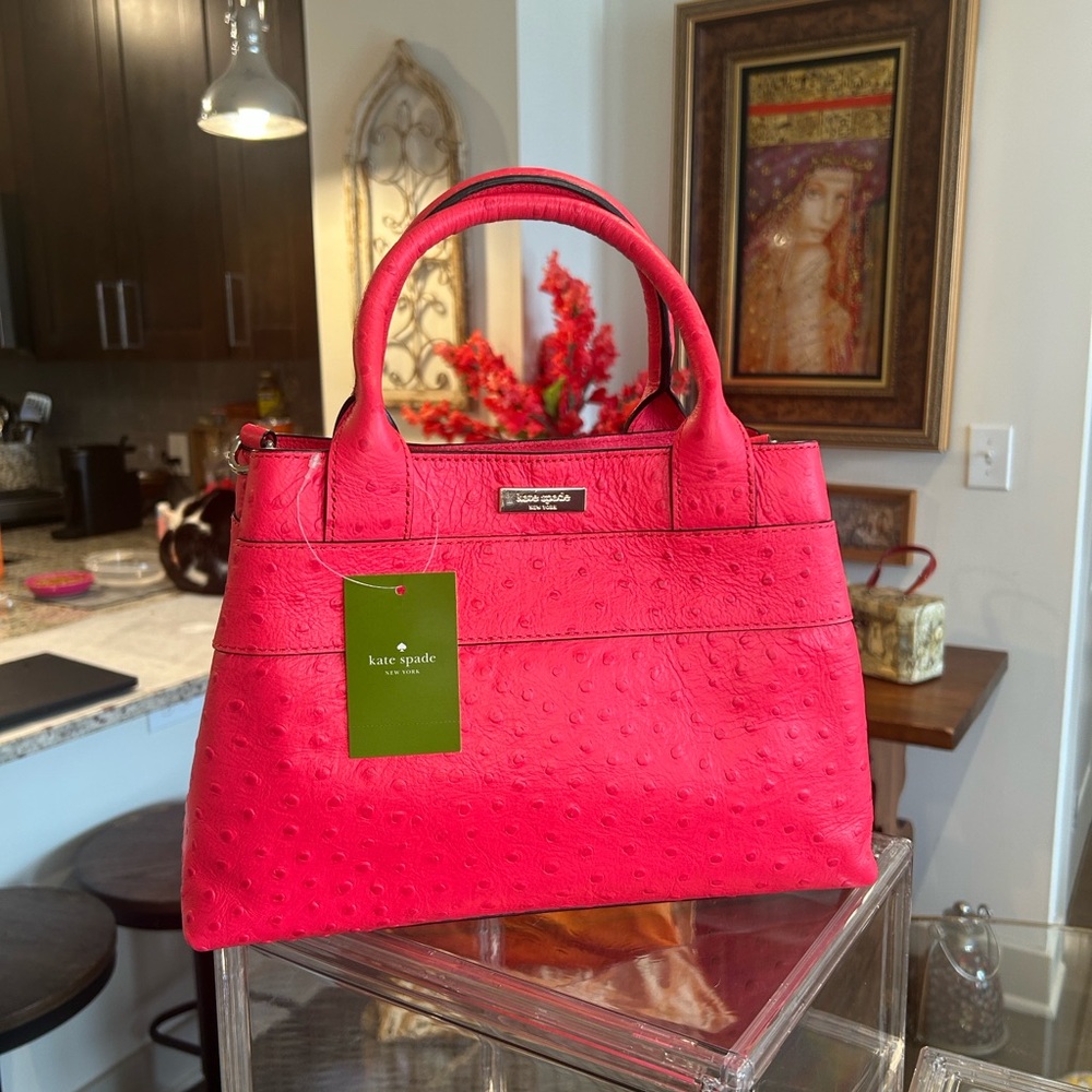 Kate Spade Story Book Ostrich Embossed Desert Rose Crossbody 12”x 8.25”x 3.5”NWT - Picture 3 of 8